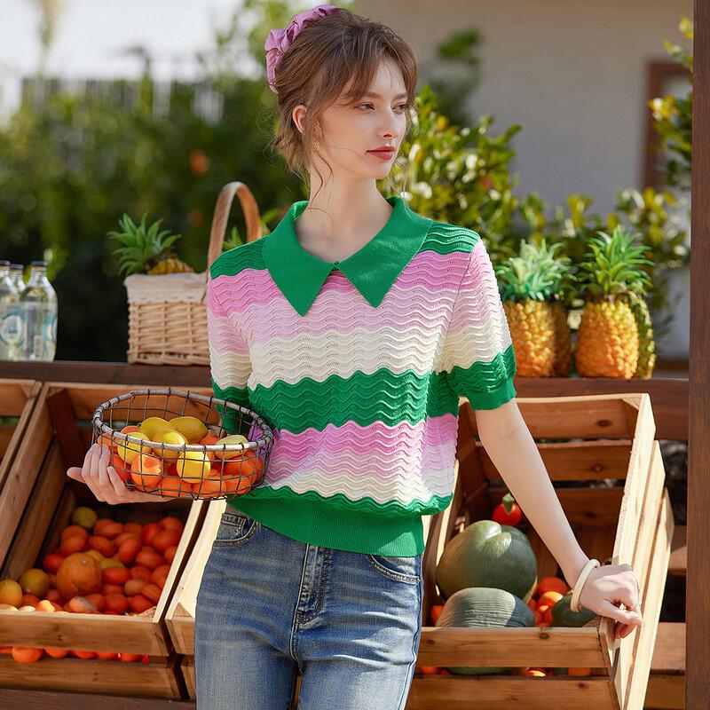 Bailuyu Layered Color Block Short Sleeve Knit Top L