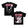 Bad Bunny (Benito) T-shirt Casual en Coton Blanc Fan avec Art Double Face, Paroles et Impressions de Logos Iconiques T-shirts