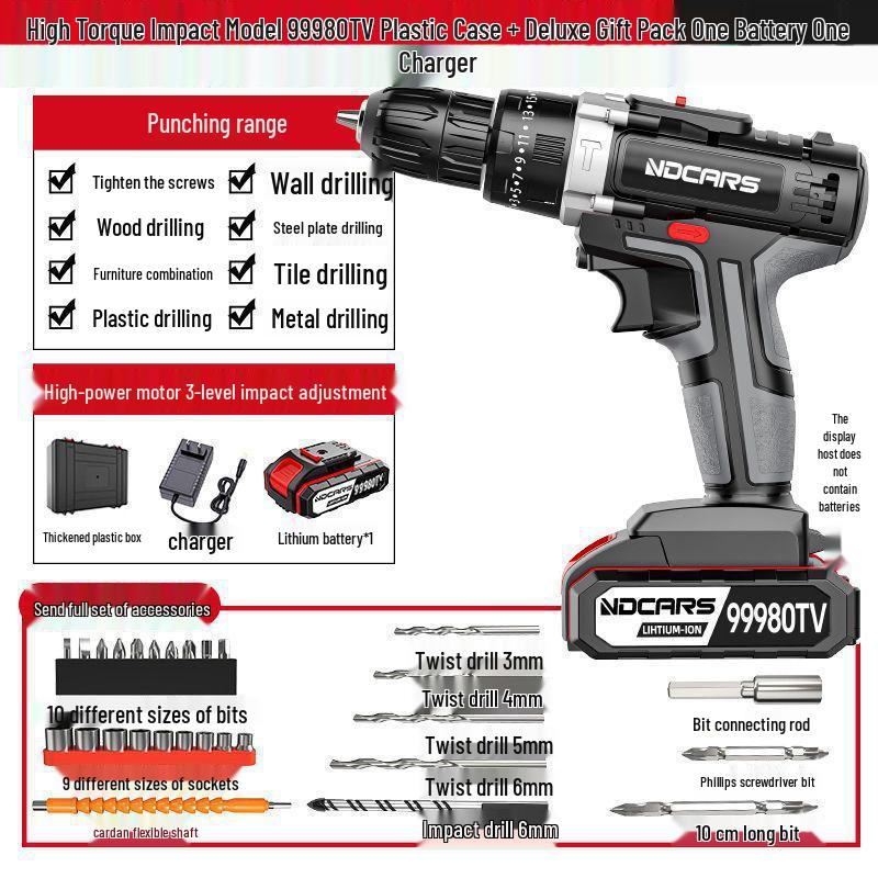 Industrial Ultra-Power Electric Drill with Dual-Speed Lithium Battery and Impact Function