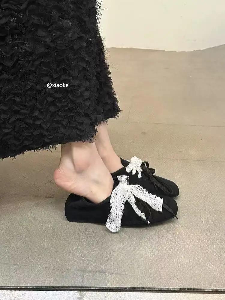 Women's Flat Shoes Bow Tie Lace Suede Ladies Shoes Versatile Comfortable Square Toe Spring and Autumn New Zapatillas De Mujer