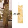 Spring and Summer New Women's Clothing Vacation Style Ruched Decoration Print Silk Net Sling Length Dress 2557027