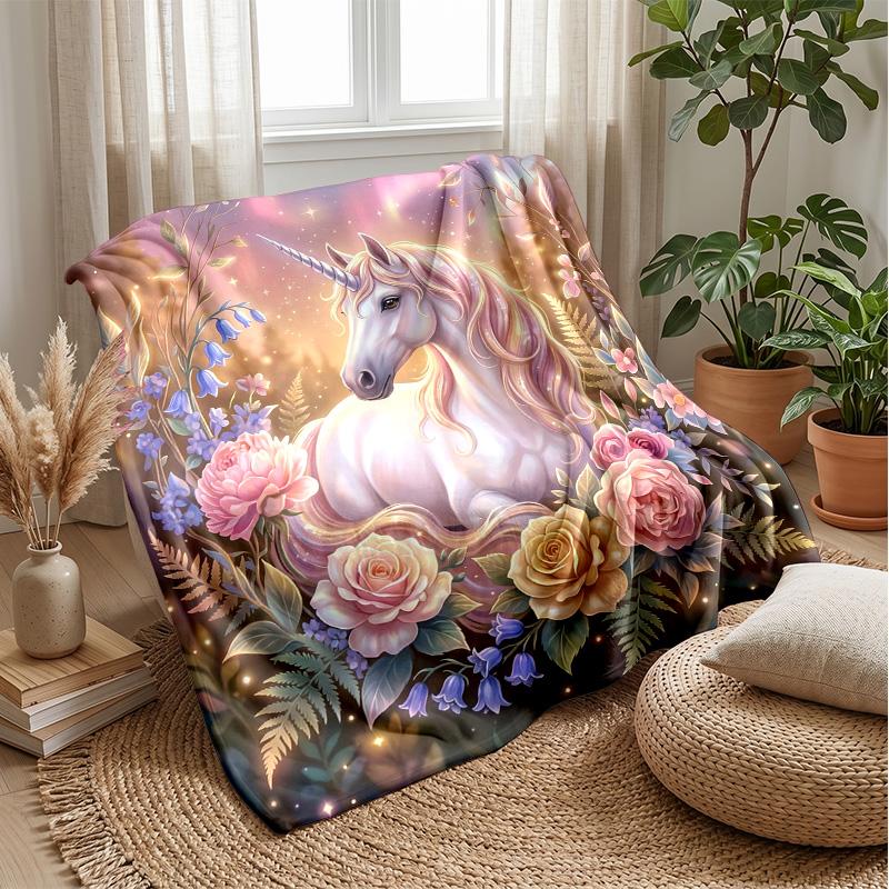 Magical Unicorn Among Flowers Theme Blanket Lightweight Warm Flannel Blanket Decorative Throw Blanket for Home Decoration