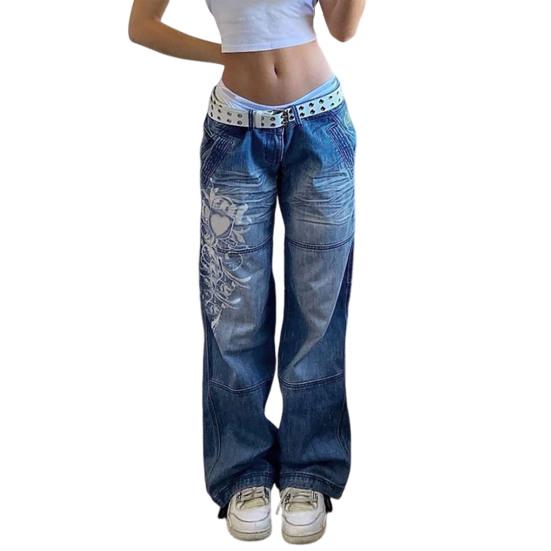 Women Jeans Mid Waist Irregular Individual Printing Retro Style Straight Wide Leg Patchwork Full Length Trousers for Vacation Travel