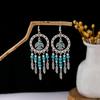 Retro Ethnic Style Turquoise Earrings, Hollow Ring Flower Fringed Earrings, Owl Water Drop Earrings.