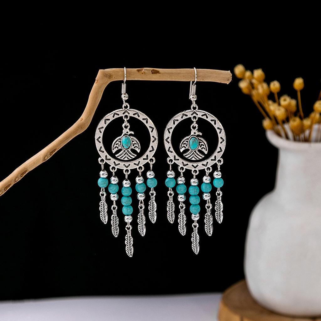 Retro Ethnic Style Turquoise Earrings, Hollow Ring Flower Fringed Earrings, Owl Water Drop Earrings.