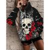 Women's Trendy Skull and Rose Print Sweatshirt, Stylish and Unique Polyester Long-Sleeve Top, Machine Washable, for Casual Daily Wear