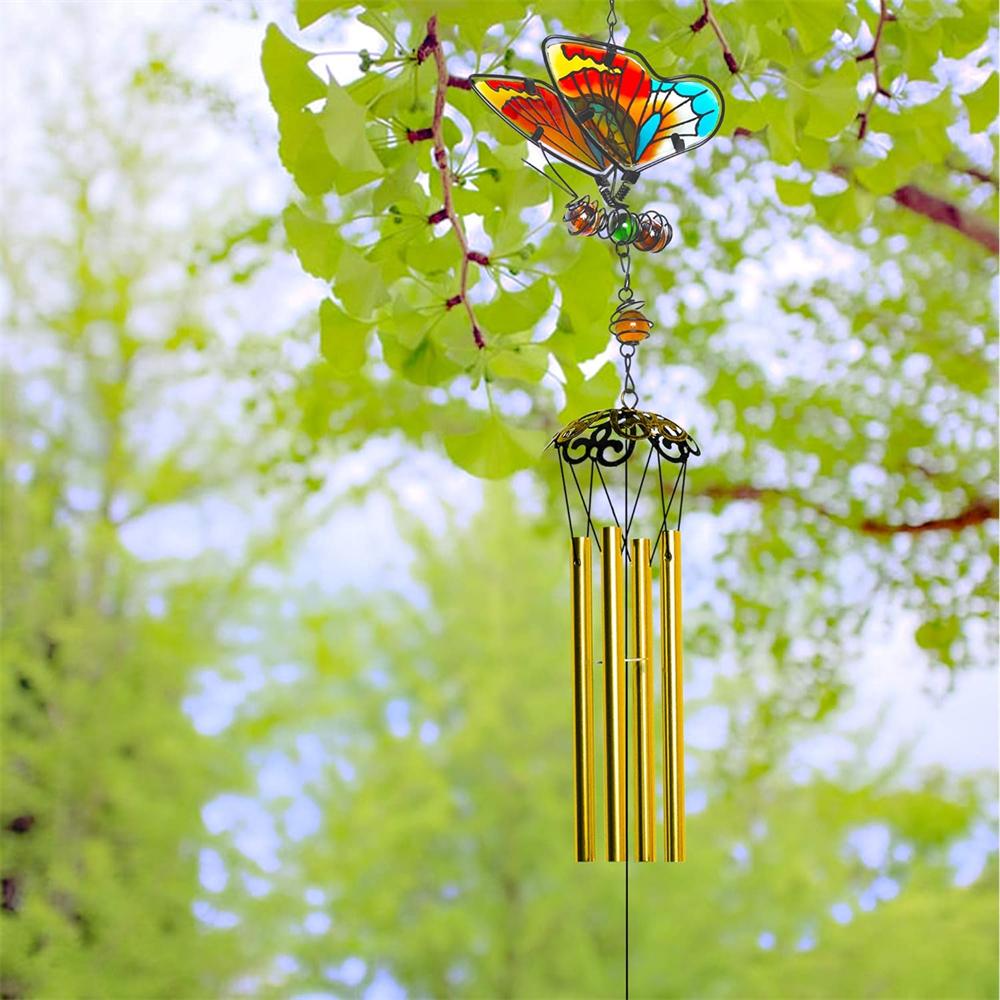 3D Butterfly Wind Chimes Iron Stained Glass Butterfly Wind Chimes with Tube Gift for Mom for Home Garden Window Yard Patio Decor