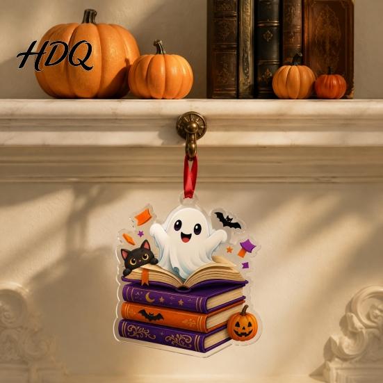Spooky Home Decor Halloween Reading Ghost Hanging Ornament Acrylic Holding Book Pumpkin Mummy Ornament Black Cat Decor 2D Cartoon Bookish