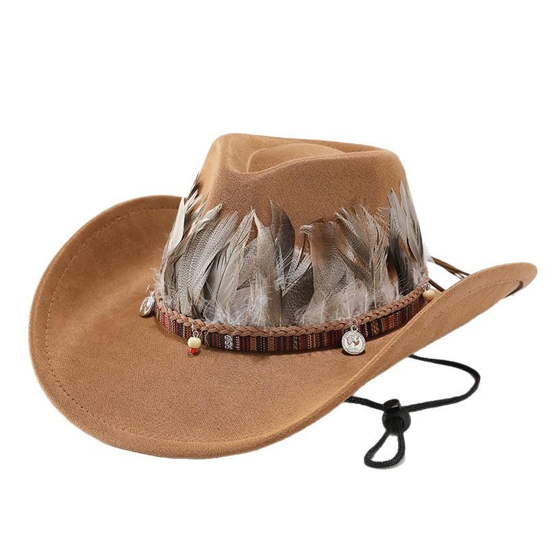Big eaves western cowboy hat men's autumn and winter suede woolen top hat women's Tibetan feather jazz hat retro style