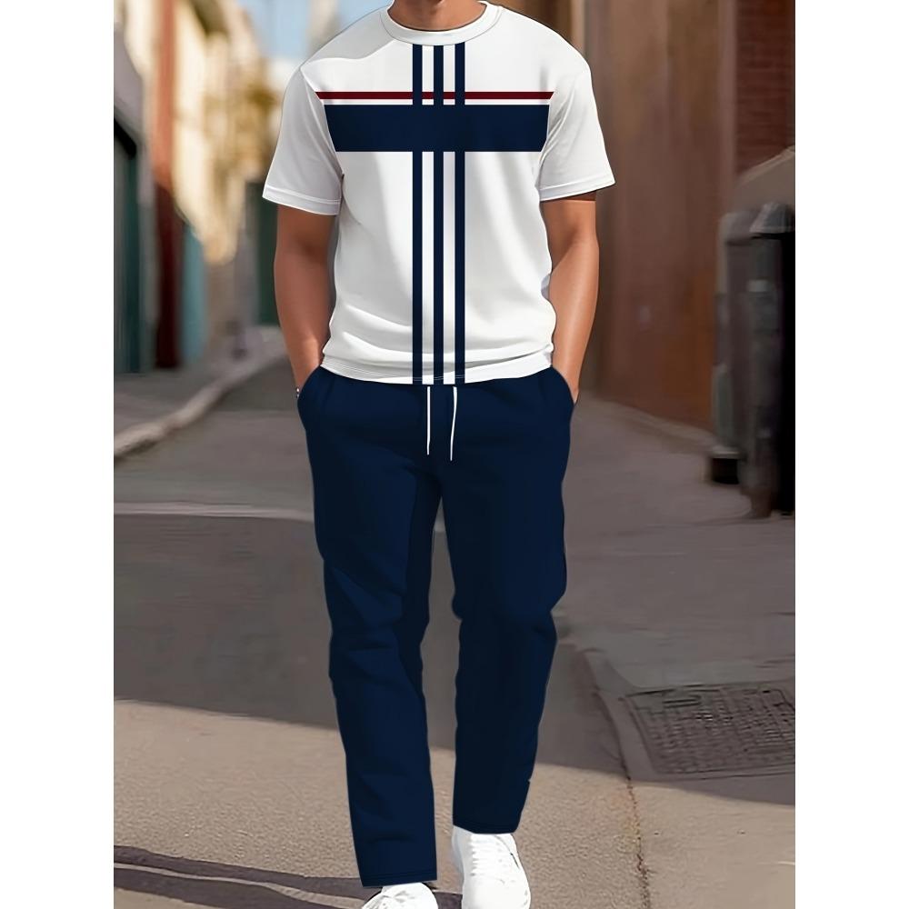3D Navy Anchor Pattern Men's Set Summer Crew Neck Short Sleeve Shirt With Casual Trousers Two-Piece Set Casual Men's Set