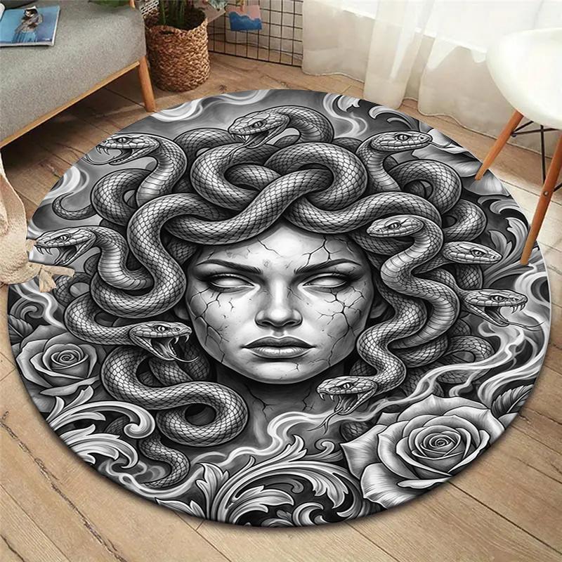 Sketch Medusa Whale Dragon Round Area Rug,Carpet Rug for Living Room Bedroom Sofa Playroom Decor,Non-slip Floor Mat