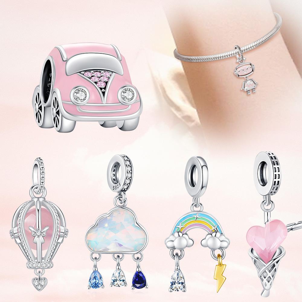 Copper Pendant Pink Air Balloon Clouds Rabbit Charm Fashion Bead Fit Original Bracelet For Women Diy Jewelry Gifts