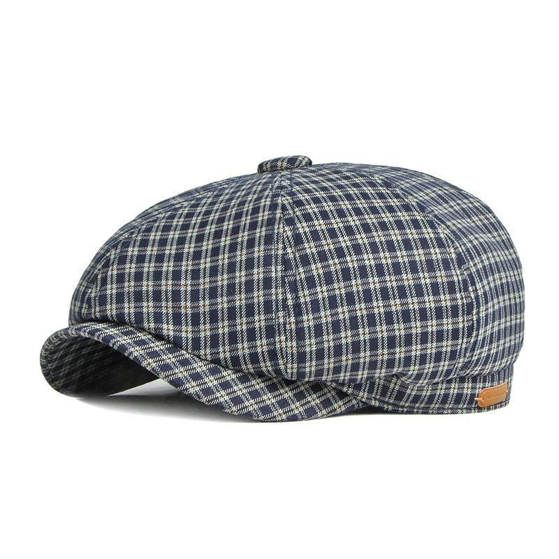

Spring Summer Octagonal Hat Men Women Little Plaid Eight-blade Painters Newsboy Cap Cotton Herringbone Flat Cap Dad Beret Hat тёмно-синий