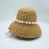 French Japanese Elegant Pearl Chain Woven Bell-Shaped Basin Hat Women'S Summer Sunshade Sunscreen Vacation Beach Hepburn Straw Hat