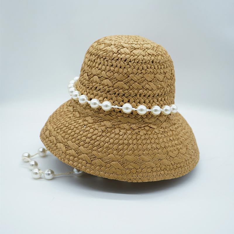 French Japanese Elegant Pearl Chain Woven Bell-Shaped Basin Hat Women'S Summer Sunshade Sunscreen Vacation Beach Hepburn Straw Hat