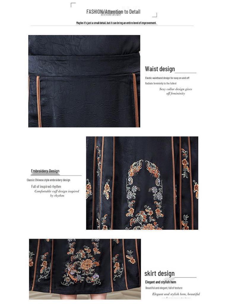 Chinese Style Embroidered Ma Mian Skirt, Elastic Waist, Knee-Length, for Middle-Aged and Elderly Women