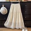 Elegant High-Waisted Crochet Lace Midi Skirt for Winter - Loose Fit with Pleated Large Hem