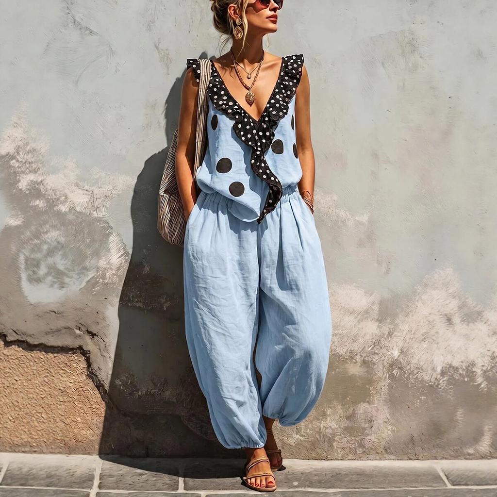 Summer New Arrival Women's Polka-Dot Sleeveless Spaghetti-Strap Wide-Leg Pants Two-Piece Casual Set