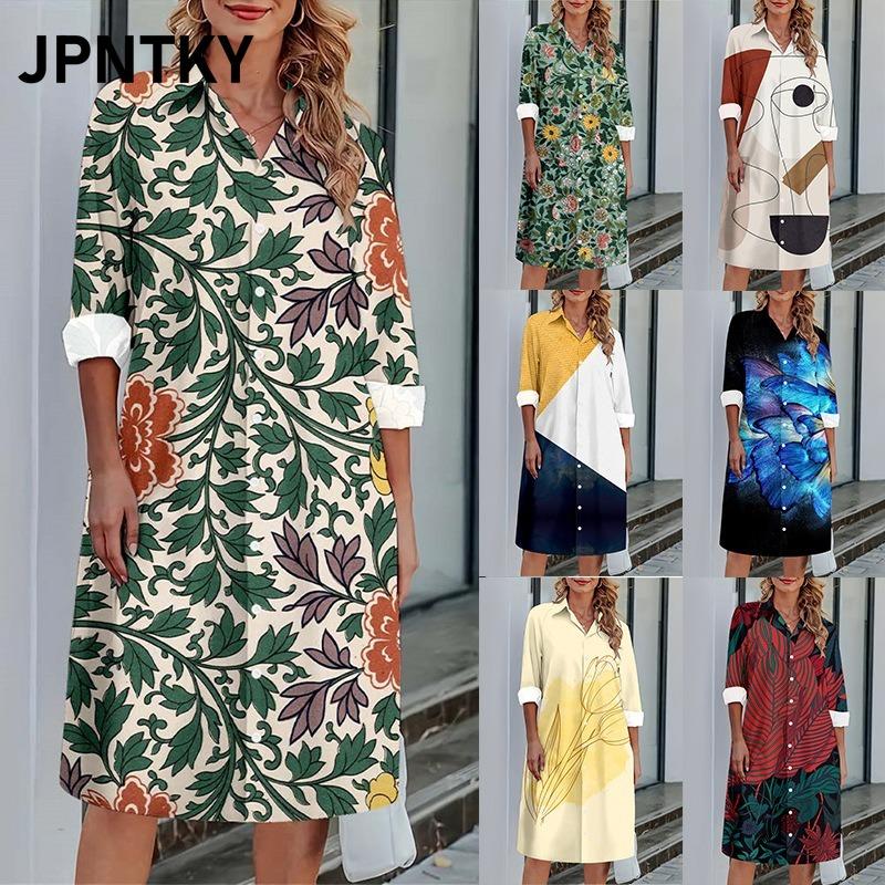 JPNTKY Fashion Autumn Winter Long Sleeve POLO Neck Casual Dresses