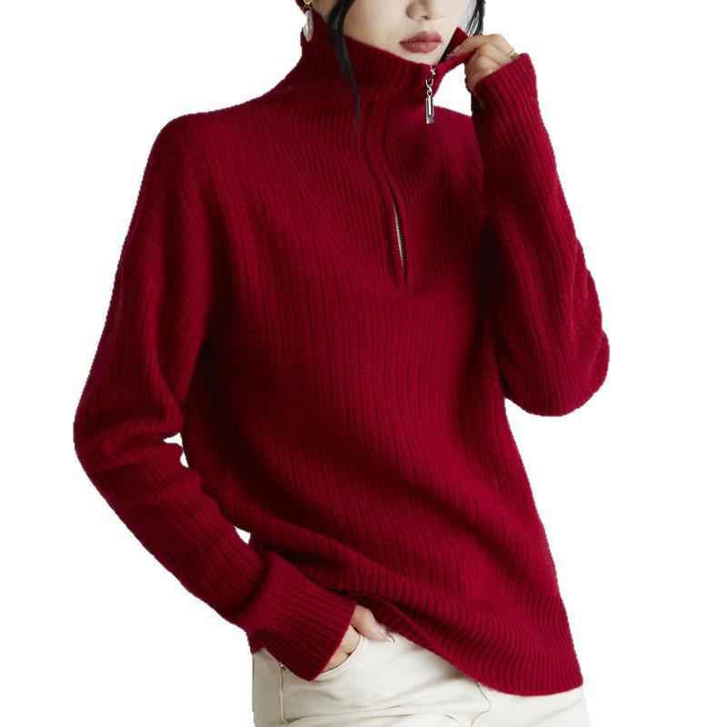 Women's 100% Wool Half-Zip Sweater - Thickened Lapel, Autumn/Winter, Loose Fit Sweater Top.
