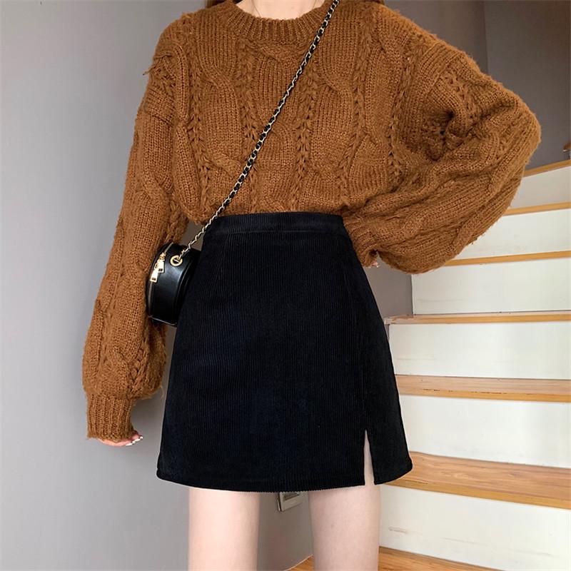 High-Waisted Corduroy A-Line Midi Skirt: Autumn/Winter 2021 Slimming, Solid Color, Hip-Hugging