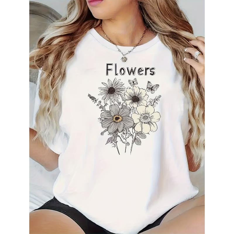 

European Size Women s Floral Graphic Print T-Shirt Soft Polyester Crew Neck Short Sleeve Top, Casual Summer & Spring Tee with Daisy & Butterfly Design S белый