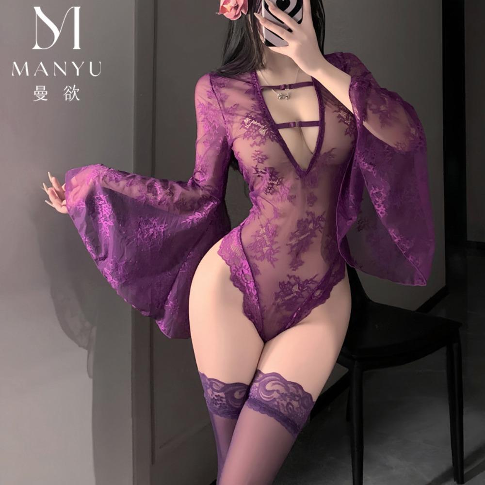 Man Desire Sexy Lingerie Sexy Perspective Onesie Pure Desire Flared Sleeve Lace Pajamas Deep V Hollow Uniform 9392