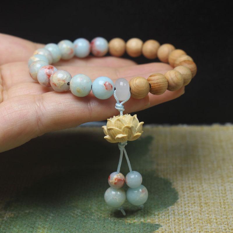 Cypress Wood 8mm Lotus Prayer Beads Bracelet with Shoushan Stone, Women’s Ethnic Style Simple Jewelry Gift