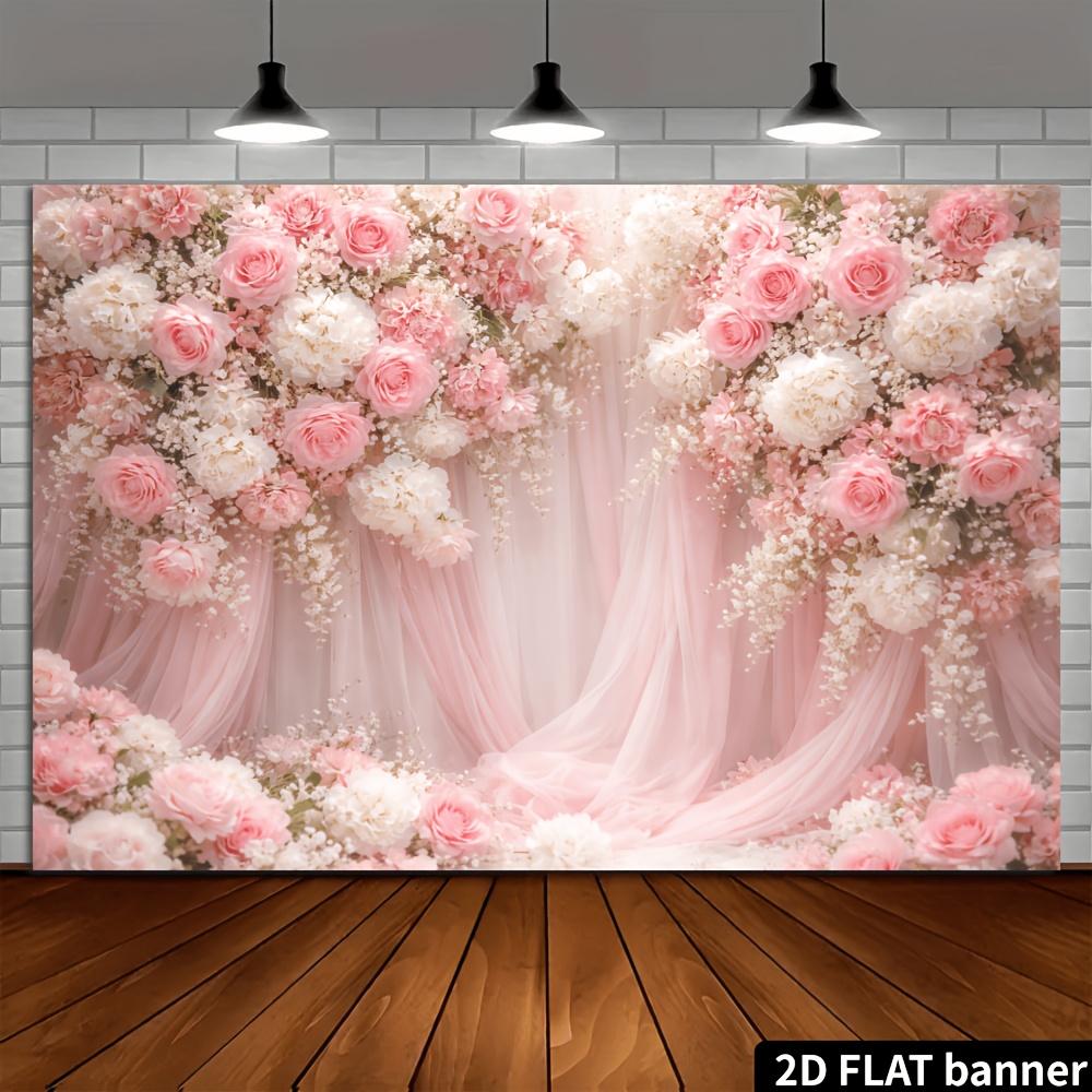 2D Plane Romantic Pink Rose Flower Background Fabric with a Combination of Light Pink and White Rose Globes