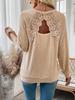 New Ladies Back Patchwork Lace Trim Hollow Inserted Shoulder Sleeve Long Sleeve T-Shirt Top for Women