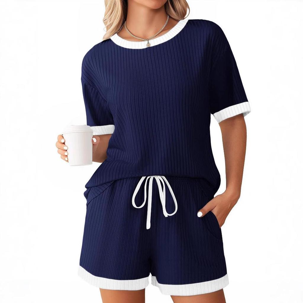 Women's Ribbed Short Sleeve Top and Shorts Set, Casual Loungewear with Contrast Trim, Multiple Color Options