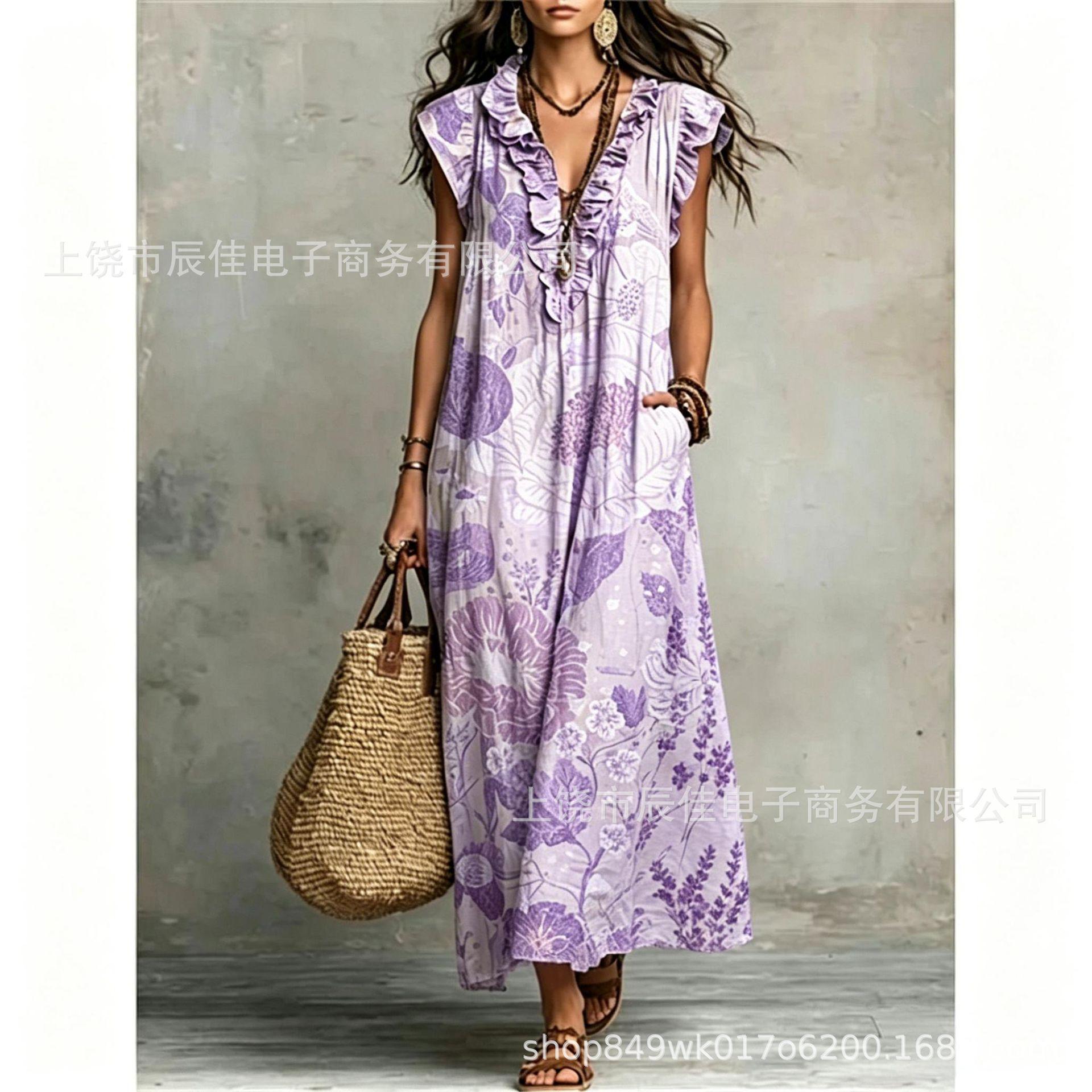 Dress spring and summer new purple loose women s clothing printed long S