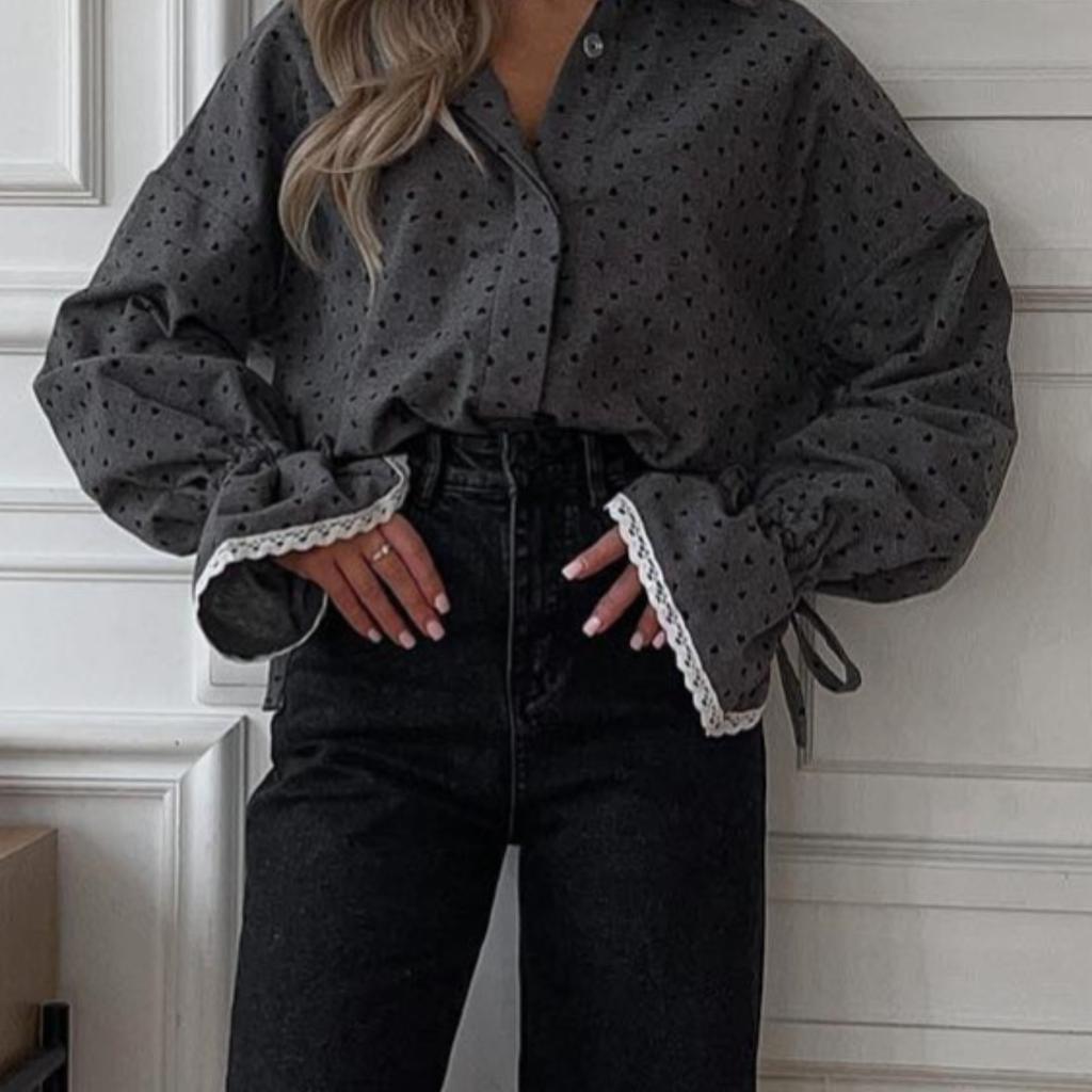 Spring and Autumn Hot Design Loose Polka Dot Cuff Lace Shirt Women's Sweet Turn-down Collar Long Sleeve Blouse