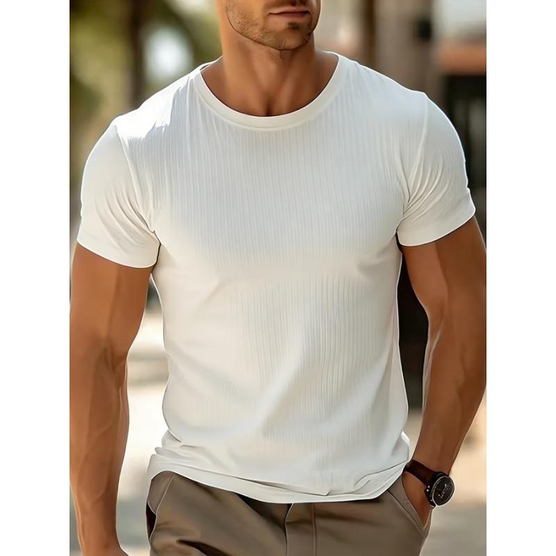 Men Crew Neck Short Sleeve T Shirt Vertical Ribbed Knit Slim Soft Stretchy Basic Daily Casual Pullover Tops