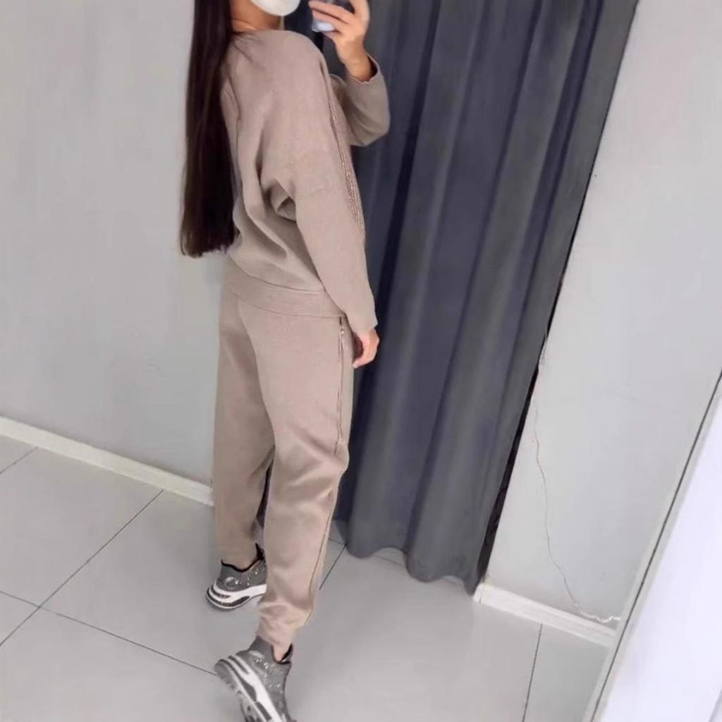 Women's sets Plus Size Solid Color Long Sleeve Crew Tie Pockets Rhinestone Sweatshirt Pants Set of 2