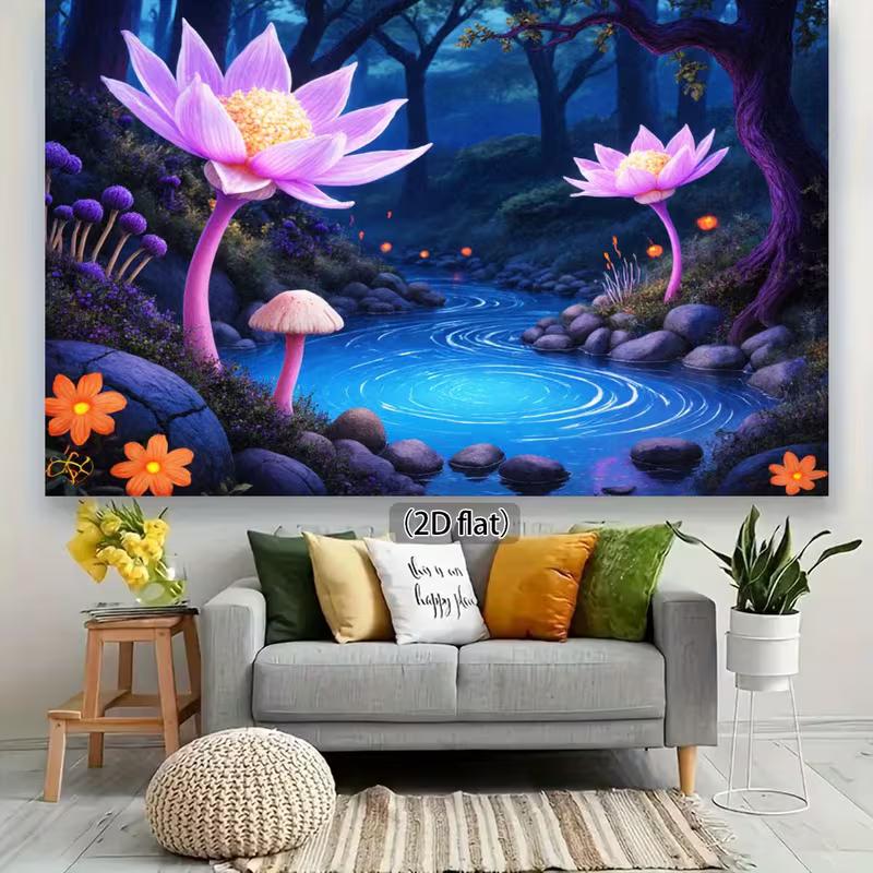 2D Enchanted Woodland Tapestry, Blue Stream with Ripples and Giant Pink Lotus Flowers