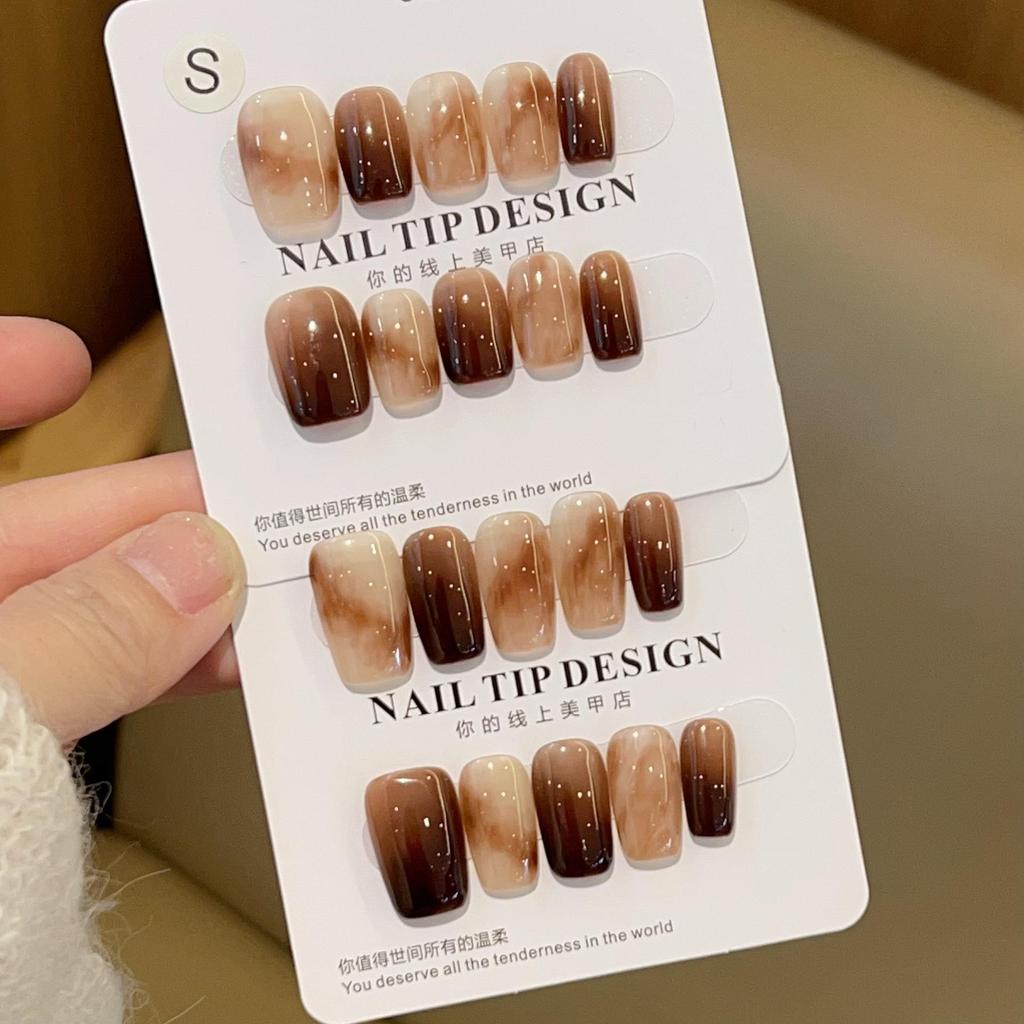 Red Brown Autumn/Winter Coffee Color Gradient Handmade Wearable Nails Model Y838 with Box and Tool Kit.