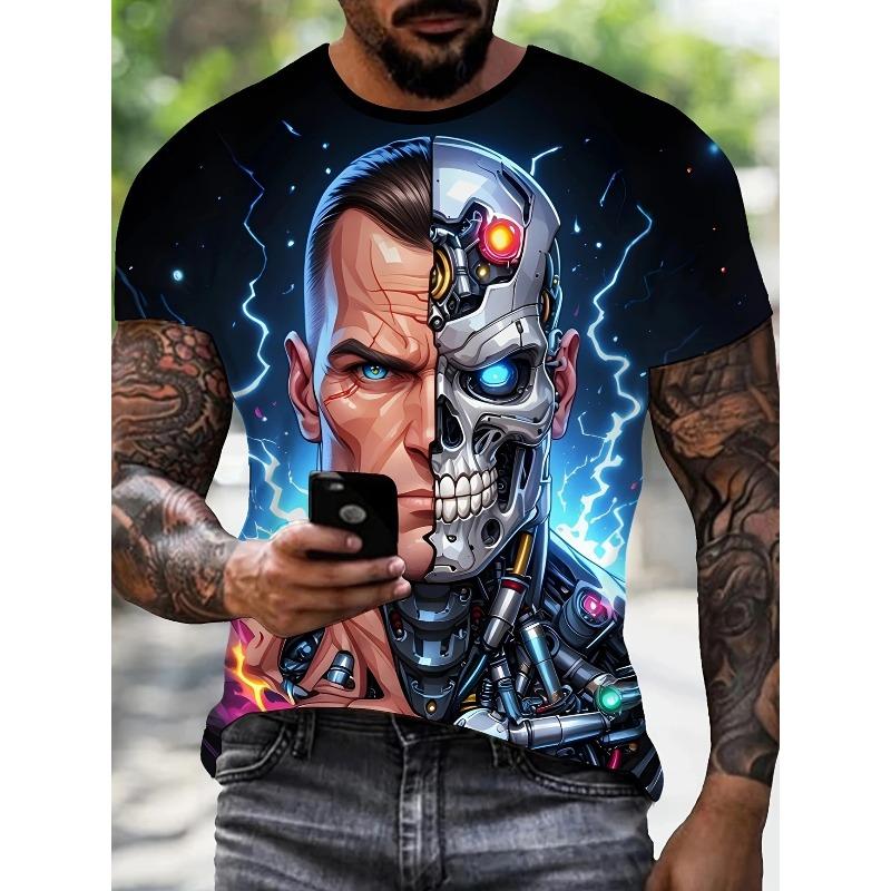 

Men s Summer Elasticity Plus Size 3D Fashionable Casual Robot Printed T-shirt- Soft Medium Stretch Polyester Fabric Summer Mens Relaxed Fit Clothing S