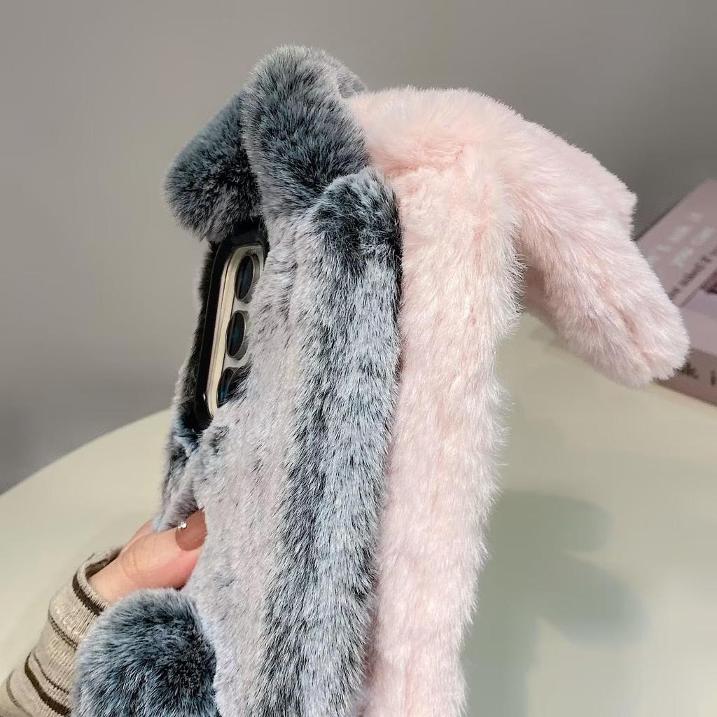 Luxury 3D Rabbit Ears Warm Furry Plush Phone Case For Samsung Galaxy S23 S24 S25 S26 Ultra Plus A56 A54 A55 A36 Shockproof Cover Camera Frame Stand