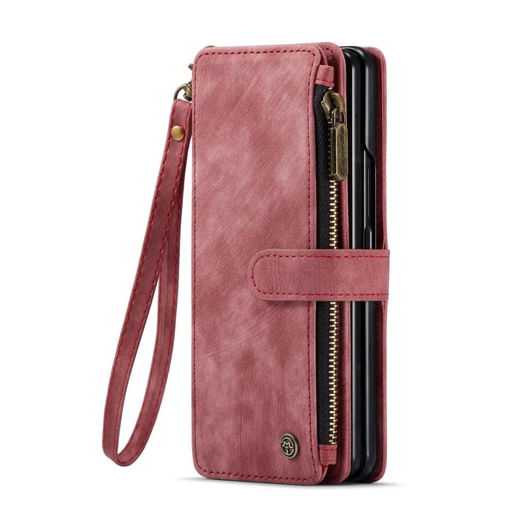 CaseMe Ledertasche für Samsung Galaxy Z Fold 6 5 Reißverschluss-Geldbörse mit Stifthalter Lanyard 2-in-1-Design Kartenfächer Handyhülle