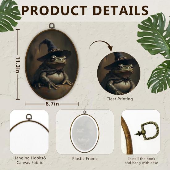 Gnmduw Moody Gothic Frog Oval Wall Art Framed, Goblincore Western Frog Canvas Prints Hanging Decor, Dark Moody Academia Halloween Wall Decor for