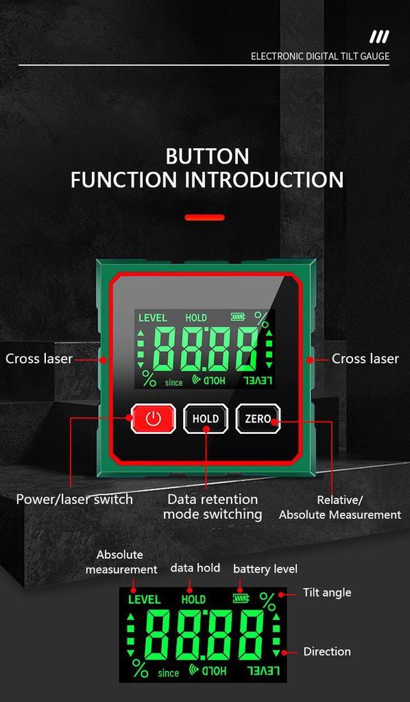 Digital Magnetic Inclinometer - Four-Sided, Double-Laser Level for Engineering & Home Decor