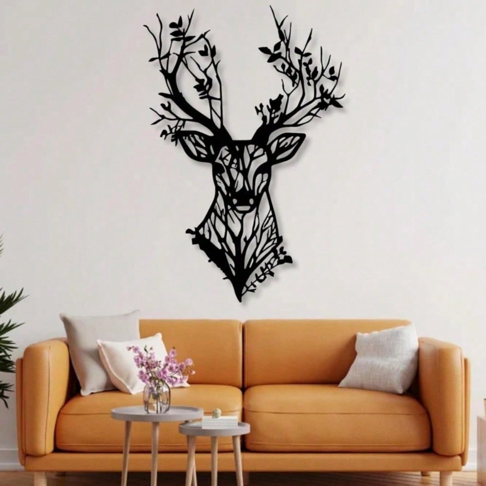 Black Deer & Tree Metal Wall Art, Modern Rustic Decor 19x13"