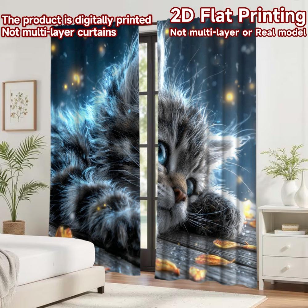 2D flat printing 2pcs Curtain Window Curtains Glowing Cat and Fireflies Digital Printed Polyester Drapes Party Decorations Use