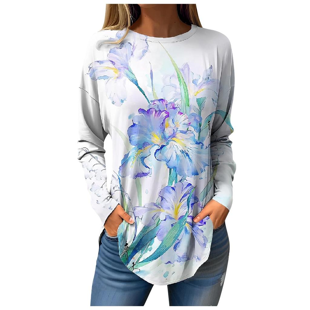 Camiseta de mujer con estampado de hojas en 3D, manga larga, cuello redondo, estilo clásico, ideal para vacaciones, fines de semana, primavera y otoño.