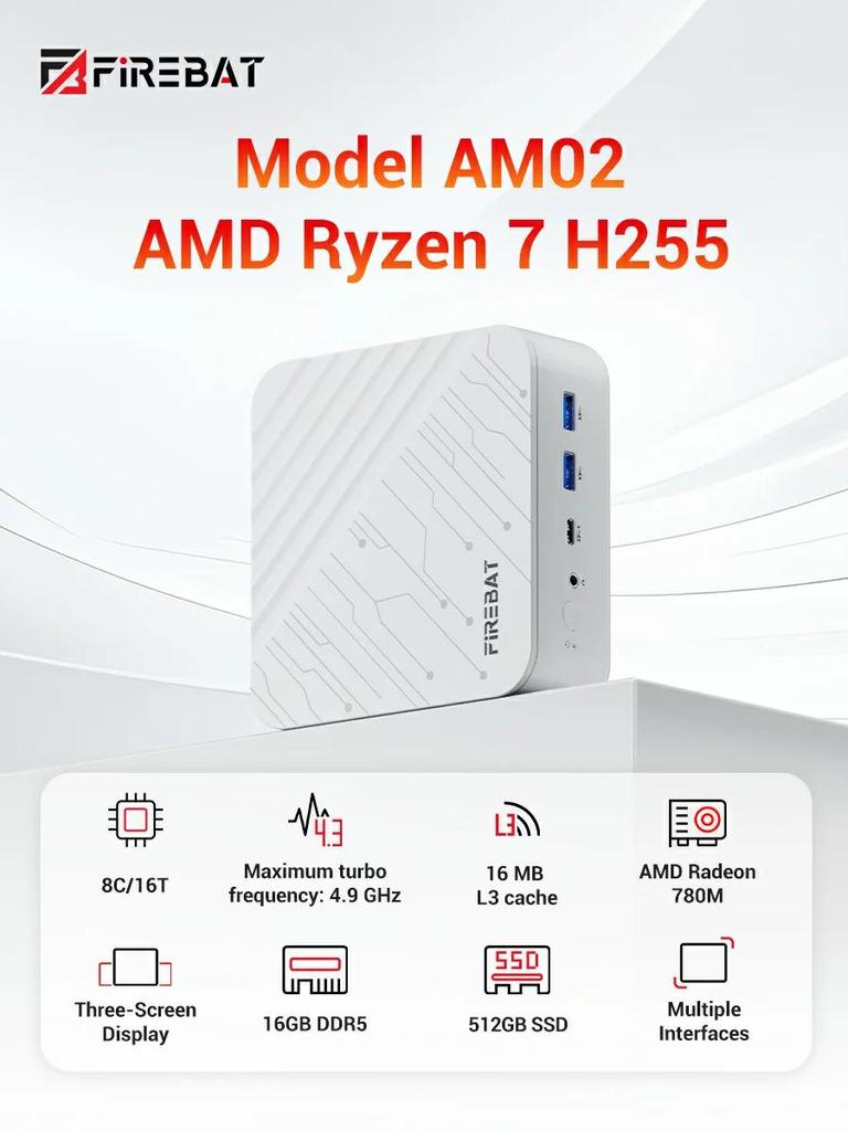 FIREBAT Mini PC AM02 AMD Ryzen 7 H255 16/0 GB RAM 512/0 GB SSD Windows 11 Mini Ordenador de Escritorio