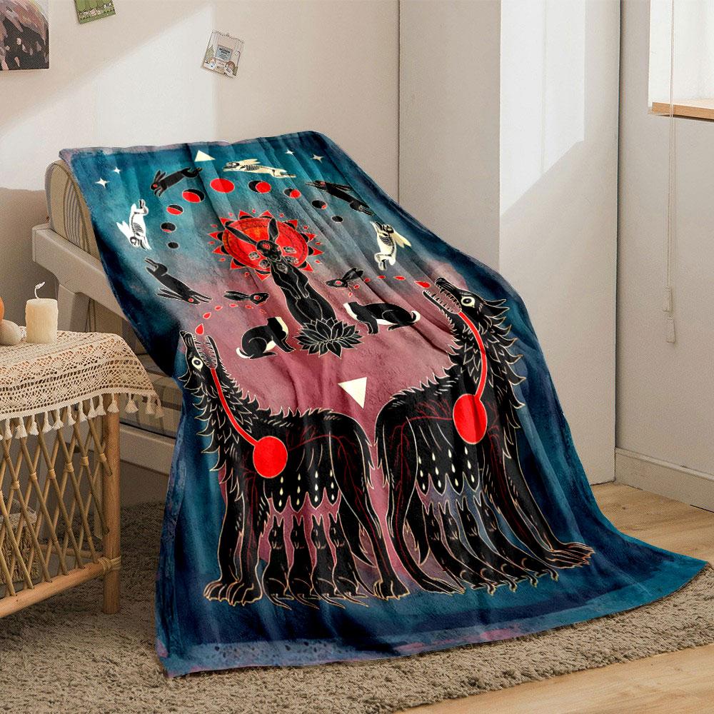 Symmetrical Wolves, Rabbits, and Celestial Motifs In Vibrant Colors. for All Seasons Blanket Lunch Break Throw Gift