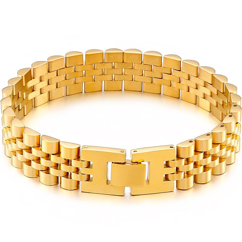 15MM Breites Armband im Uhrenkettenstil Herrenarmband für Männer Luxus Wasserdicht Goldfarben Jungen Schmuck 2025