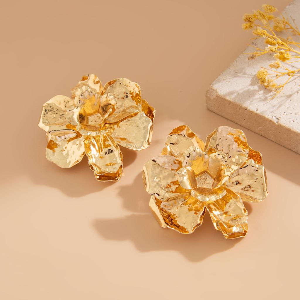 KunJoe Luxury Punk Gold Color Big Flower Stud Earrings for Women Exaggerated Multi Layer Petal Piercing Earrings Wedding Jewelry