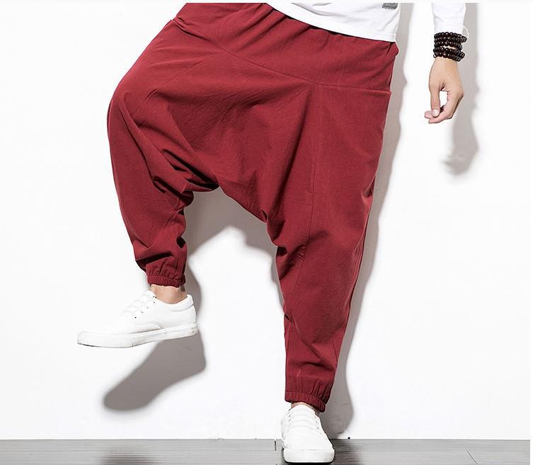 2026 Spring Men's Chinese-Style Cotton Linen Harem Pants - Printed Hip Hop Trousers